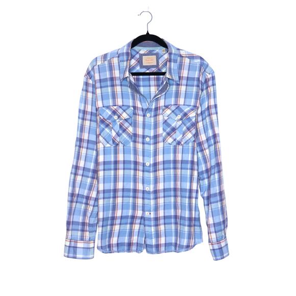 AUTHENTIC TRUE GRIT California Plaid Button Down Blue Tartan Long Sleeve Men's L - Picture 1 of 10